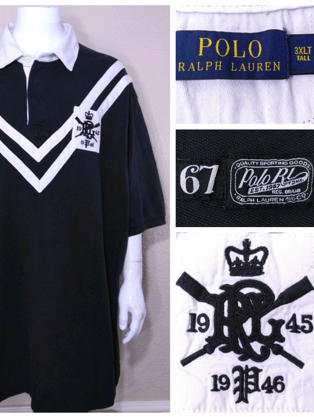 POLO RALPH LAUREN 3XLT RUGBY Black WHITE Gothic P Crest 3XL BIG & TALL Mens XXXL